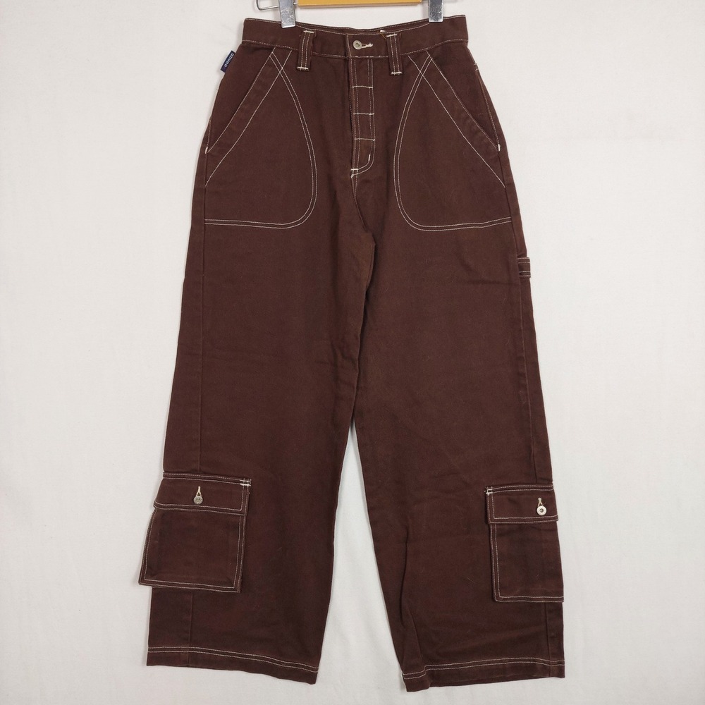 Vintage 1998 Guess Jeans Brown Cargo Pants White Contrast Stitch Wide Leg 28/16